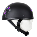 Womens Flat Black Novelty Motorcycle Helmet With Purple Rose Design