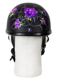 Womens Flat Black Novelty Motorcycle Helmet With Purple Rose Design