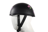Womens Flat Black Novelty Motorcycle Helmet With Purple Rose Design
