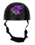 Womens Flat Black Novelty Motorcycle Helmet With Purple Rose Design