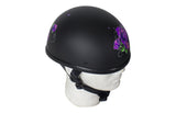 Womens Flat Black Novelty Motorcycle Helmet With Purple Rose Design