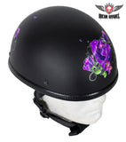 Womens Flat Black Novelty Motorcycle Helmet With Purple Rose Design