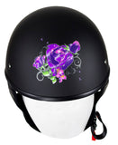 Womens Flat Black DOT Approved Helmet With Purple Rose Tribal Design