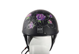 Womens Flat Black DOT Approved Helmet With Purple Rose Tribal Design
