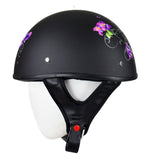 Womens Flat Black DOT Approved Helmet With Purple Rose Tribal Design