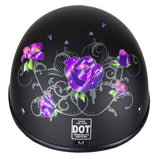 Womens Flat Black DOT Approved Helmet With Purple Rose Tribal Design