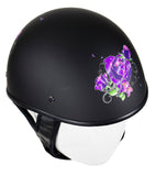 Womens Flat Black DOT Approved Helmet With Purple Rose Tribal Design