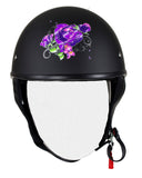 Womens Flat Black DOT Approved Helmet With Purple Rose Tribal Design