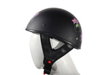 Womens Flat Black DOT Approved Helmet With Purple Rose Tribal Design