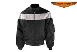 Men's Black Light Textile Motorcycle Jacket w/ White Stripe Across Design