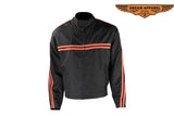 Men's Black Light Textile Motorcycle Jacket w/ Dual Orange Stripes Design