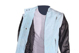 Men's Denim-like Leather Racer Jacket W/ Removable Sleeves
