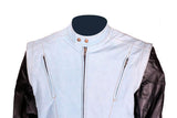 Men's Denim-like Leather Racer Jacket W/ Removable Sleeves