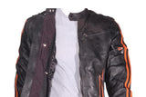 Mens Racing Leather Motorcycle Jacket With Orange Stripes