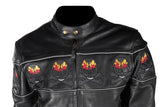 Mens Black Racer Leather Motorcycle Jacket With Flaming Reflective Skulls