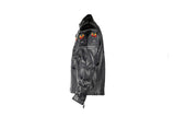 Mens Black Racer Leather Motorcycle Jacket With Flaming Reflective Skulls