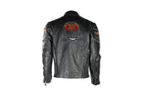 Mens Black Racer Leather Motorcycle Jacket With Flaming Reflective Skulls
