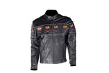 Mens Black Racer Leather Motorcycle Jacket With Flaming Reflective Skulls
