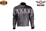 Mens Black Racer Leather Motorcycle Jacket With Flaming Reflective Skulls