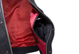 Mens Zippered No Collar Leather Motorcycle Club Vest with Red Liner