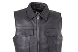 Mens Motorcycle Club Leather Vest With Fold Collar & Hidden Snaps