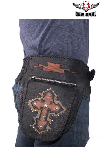 Motorcycle Leather Waist Bag With Leather Cross Bling & Studs