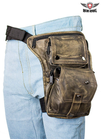 Distressed Brown Leather Multi Pocket Thigh Bags with Gun Pocket