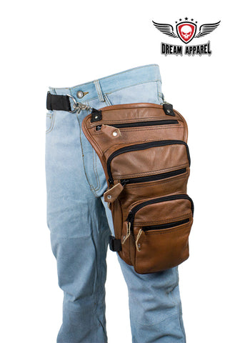Brown Naked Cowhide Leather Multi-pocket Thigh Bags