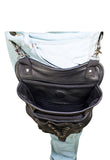 Black Naked Cowhide Leather Multi-Pocket Laced Thigh Bag W/ Extra Layer Of Protection