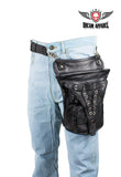 Black Naked Cowhide Leather Multi-Pocket Laced Thigh Bag W/ Extra Layer Of Protection