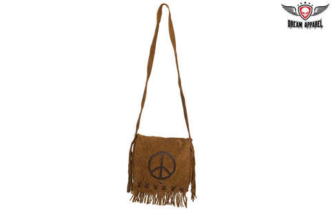 Womens Genuine Brown Suede Pocketbook With Peace Sign