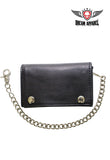 Black Naked Cowhide Leather Trifold Chain Wallet W/ Snaps