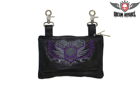All Naked Cowhide Leather Belt Bag with Purple Skull and Wings