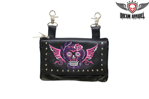 Studded Pink and Purple Sugar Skull Naked Cowhide Leather Belt Bag