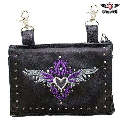 Studded Naked Cowhide Leather Gun Holster Belt Bag with Purple & Silver Heart