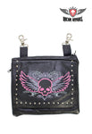 Naked Cowhide Leather Studded Pink & Gray Winged Skull Belt Bag W/ Gun Pocket