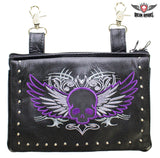 Naked Cowhide Leather Purple Skull Gun Holster Belt Bag with Studs