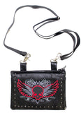 Naked Cowhide Leather Red Skull Gun Holster Belt Bag with Studs