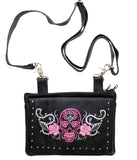 Pink & White Sugar Skull Naked Cowhide Leather Gun Holster Belt Bag with Studs