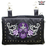 Purple & White Sugar Skull Naked Cowhide Leather Gun Holster Belt Bag with Studs