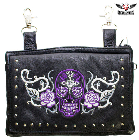 Purple & White Sugar Skull Naked Cowhide Leather Gun Holster Belt Bag with Studs