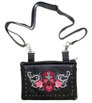 Red & White Sugar Skull Naked Cowhide Leather Gun Holster Belt Bag with Studs