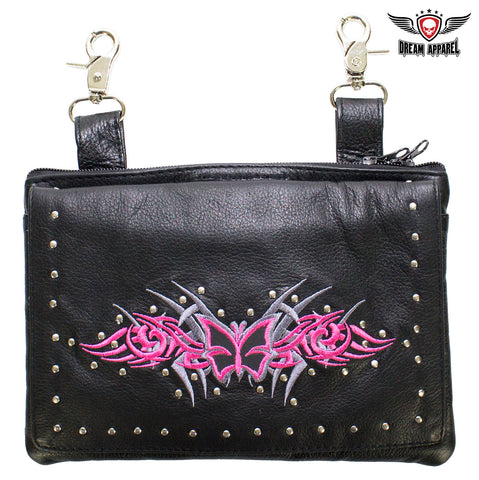 Studded Naked Cowhide Leather Gun Holster Belt Bag with Pink & Silver Butterfly