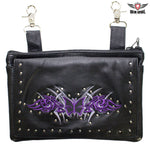Studded Naked Cowhide Leather Gun Holster Belt Bag with Purple & Silver Butterfly