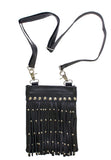 Black Leather Belt Bag with Studs and Fringe