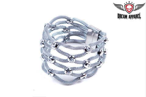 Womens Stainless Steel Mesh Bracelet With Stones & Magnetic Closure