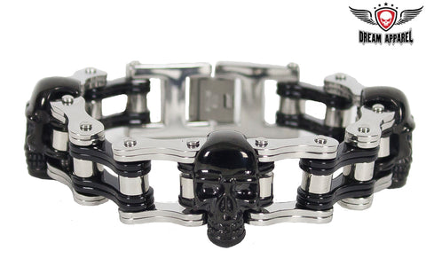 Chrome and Black Motorcycle Chain Bracelet with Black Skulls