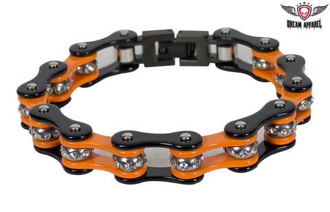 Black and Orange Motorcycle Chain Bracelet with Gemstones