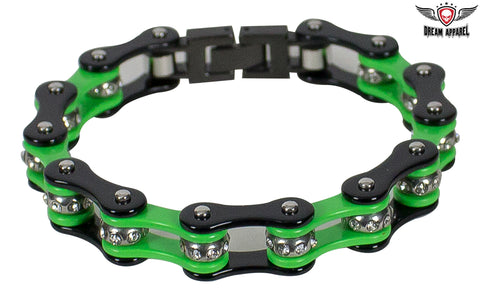 Black and Green Motorcycle Chain Bracelet with Gemstones