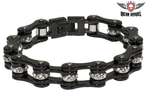 Black Motorcycle Chain Bracelet With Crystals